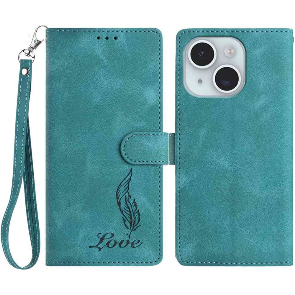 For iPhone 15 Case Imprinted Feather PU Leather Wallet Phone Cover with Wrist Strap - Green