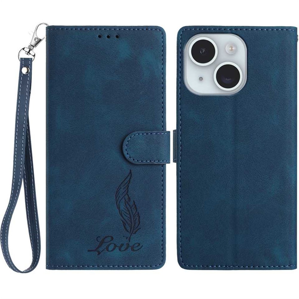 For iPhone 15 Case Imprinted Feather PU Leather Wallet Phone Cover with Wrist Strap - Dark Blue