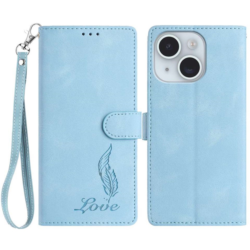 For iPhone 15 Case Imprinted Feather PU Leather Wallet Phone Cover with Wrist Strap - Sky Blue