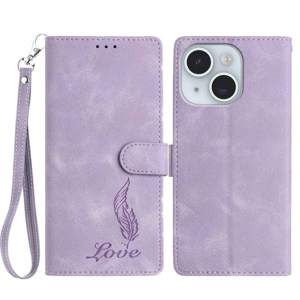 For iPhone 15 Case Imprinted Feather PU Leather Wallet Phone Cover with Wrist Strap - Purple
