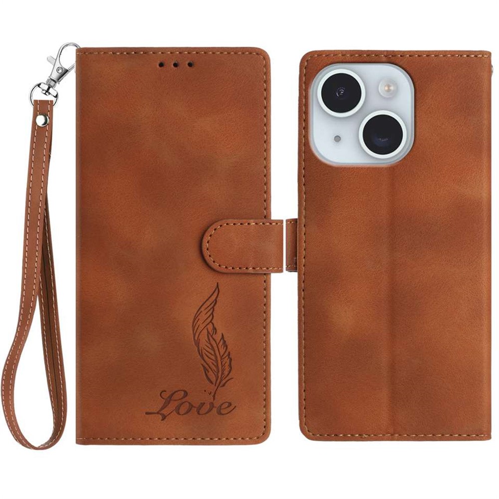 For iPhone 15 Case Imprinted Feather PU Leather Wallet Phone Cover with Wrist Strap - Brown