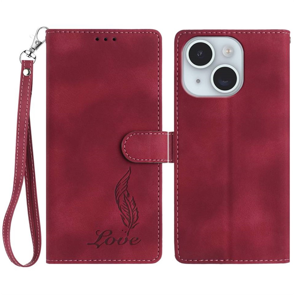 For iPhone 15 Case Imprinted Feather PU Leather Wallet Phone Cover with Wrist Strap - Red