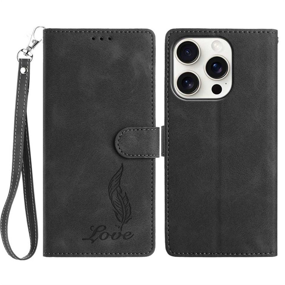 For iPhone 15 Pro Case Imprinted Feather PU Leather Wallet Phone Cover with Wrist Strap - Black