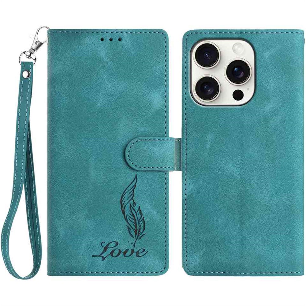 For iPhone 15 Pro Case Imprinted Feather PU Leather Wallet Phone Cover with Wrist Strap - Green
