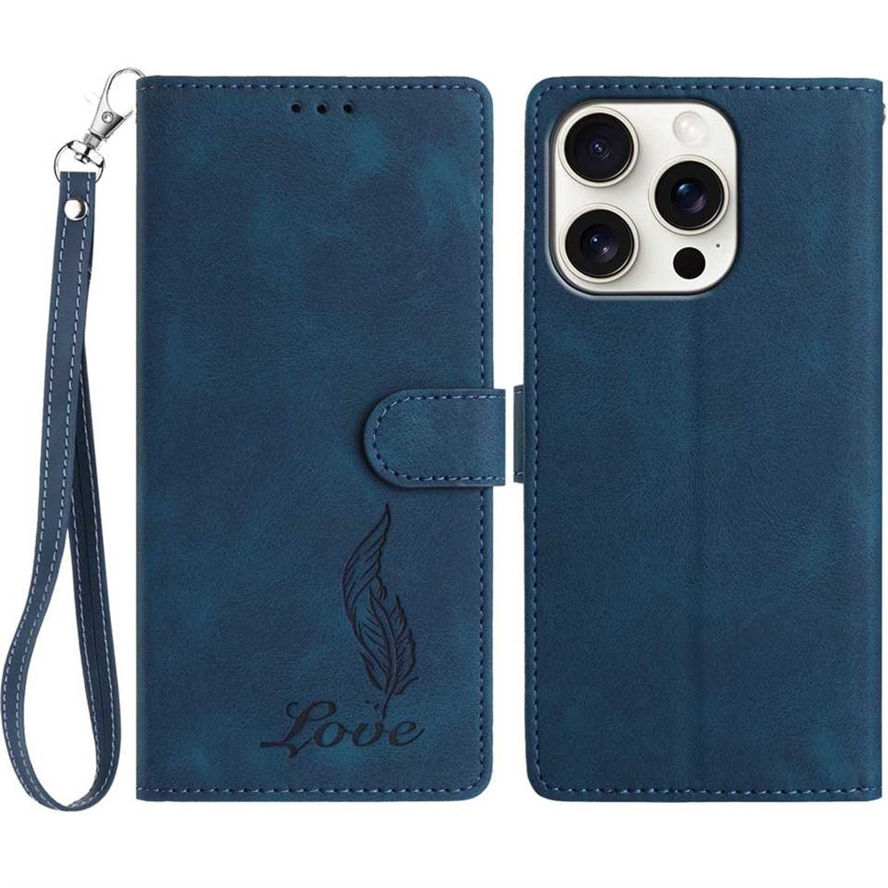 For iPhone 15 Pro Case Imprinted Feather PU Leather Wallet Phone Cover with Wrist Strap - Dark Blue