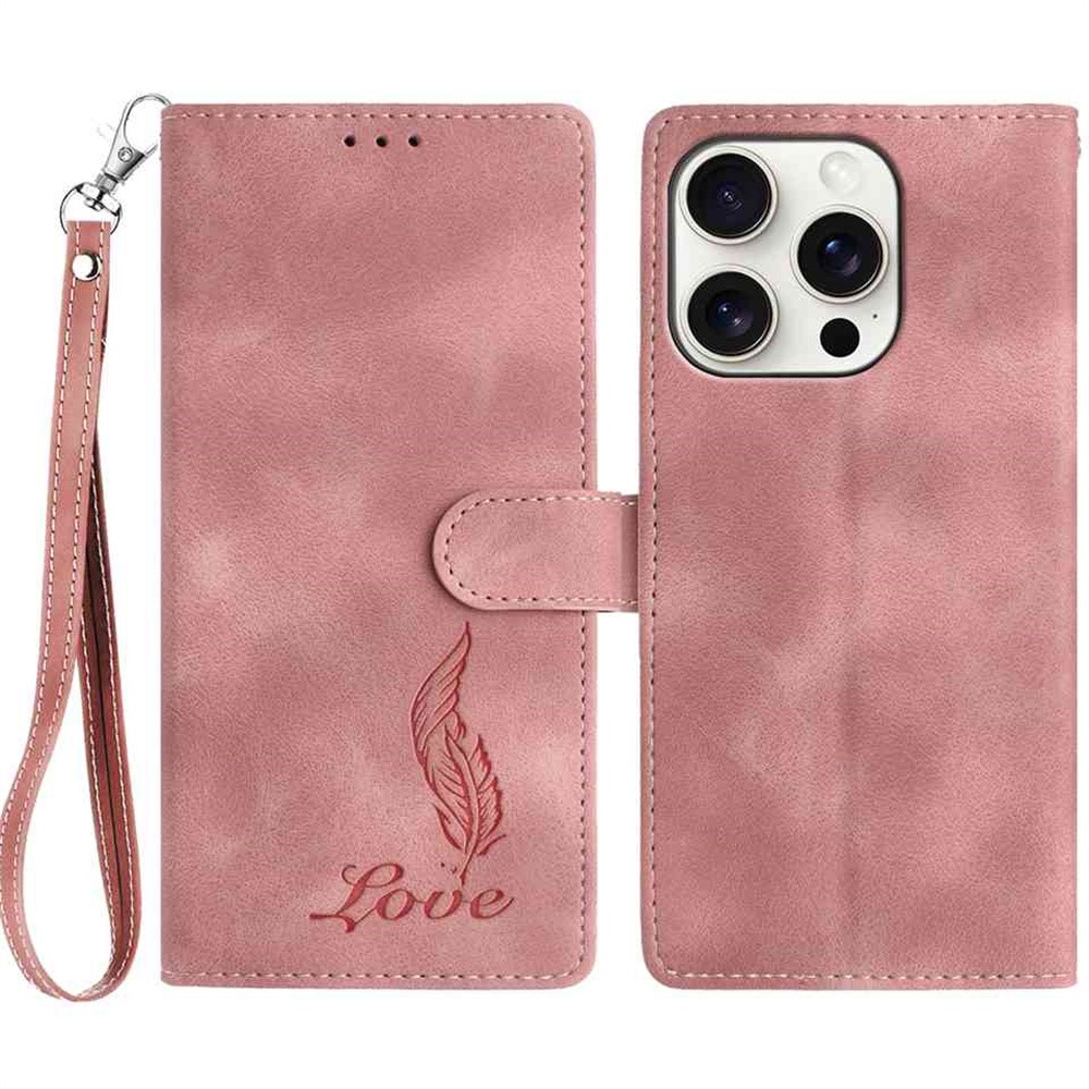 For iPhone 15 Pro Case Imprinted Feather PU Leather Wallet Phone Cover with Wrist Strap - Pink