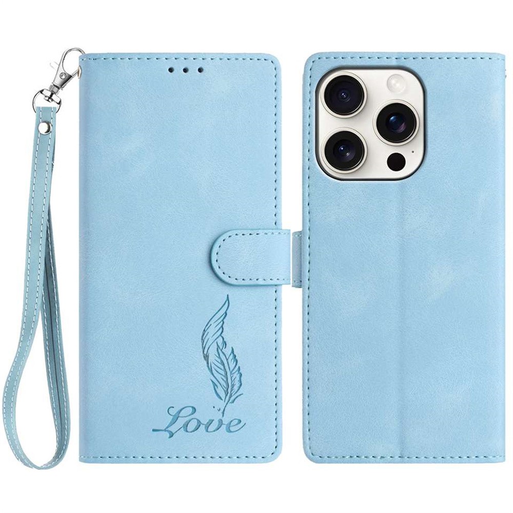 For iPhone 15 Pro Case Imprinted Feather PU Leather Wallet Phone Cover with Wrist Strap - Sky Blue