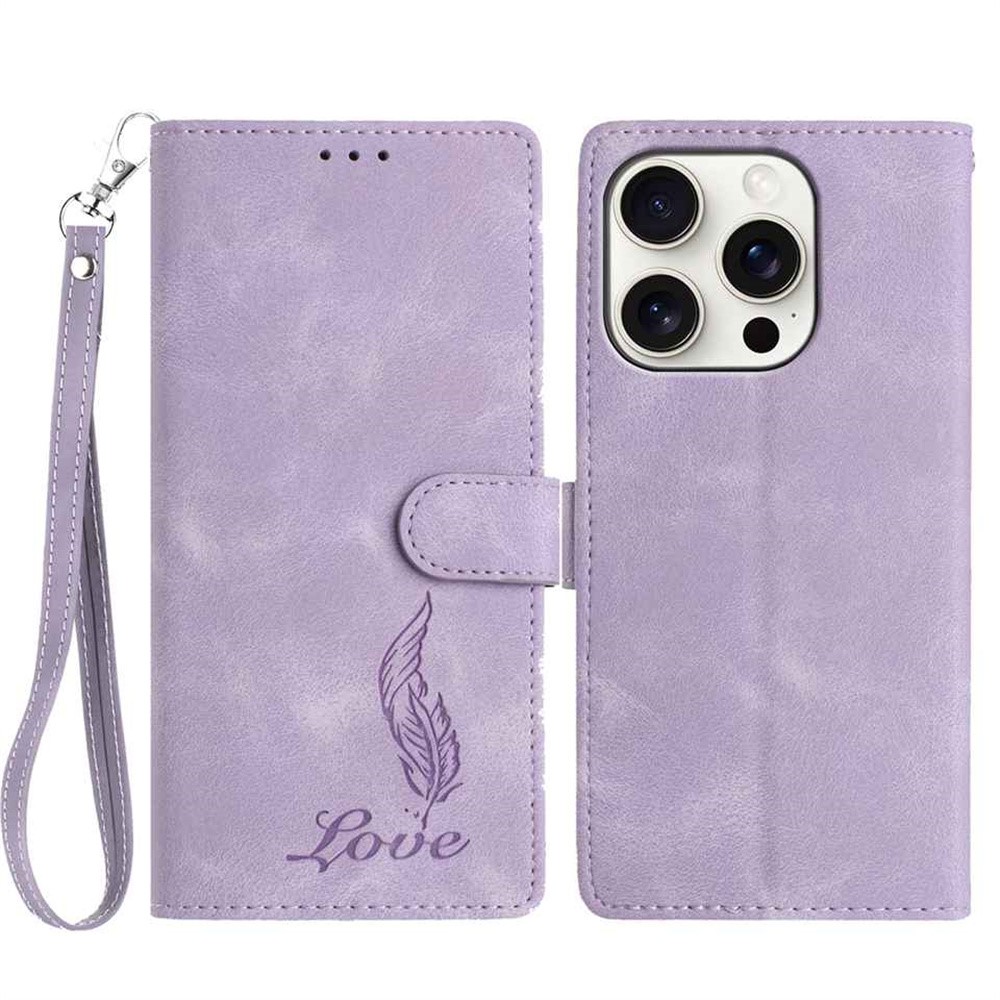 For iPhone 15 Pro Case Imprinted Feather PU Leather Wallet Phone Cover with Wrist Strap - Purple