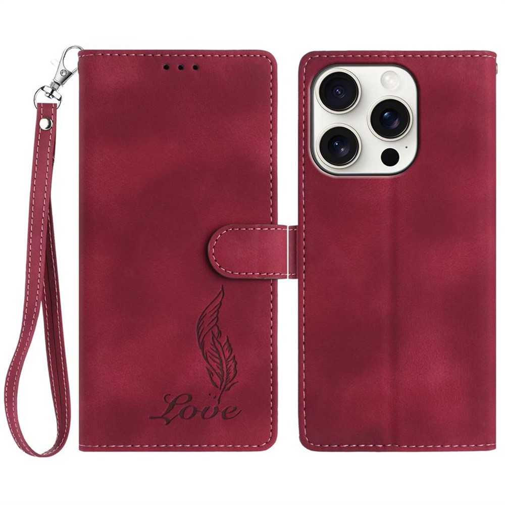 For iPhone 15 Pro Case Imprinted Feather PU Leather Wallet Phone Cover with Wrist Strap - Red