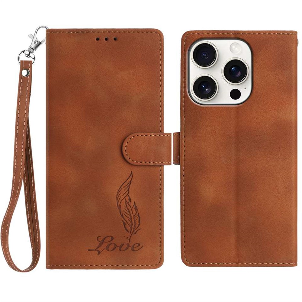 For iPhone 15 Pro Max Case Imprinted Feather PU Leather Wallet Phone Cover with Wrist Strap - Brown