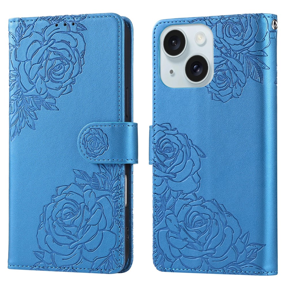 For iPhone 15 Plus / 14 Plus Case Rose Flower PU Leather Wallet Phone Cover with 3 Card Slots - Blue