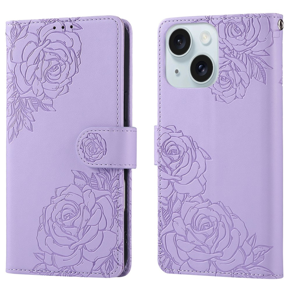 For iPhone 15 Plus / 14 Plus Case Rose Flower PU Leather Wallet Phone Cover with 3 Card Slots - Light Purple
