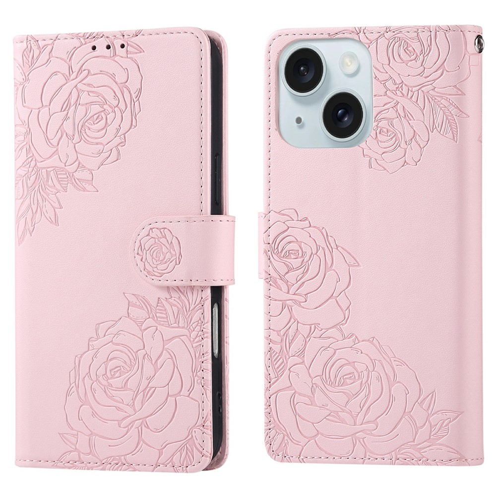 For iPhone 15 Plus / 14 Plus Case Rose Flower PU Leather Wallet Phone Cover with 3 Card Slots - Rose Gold