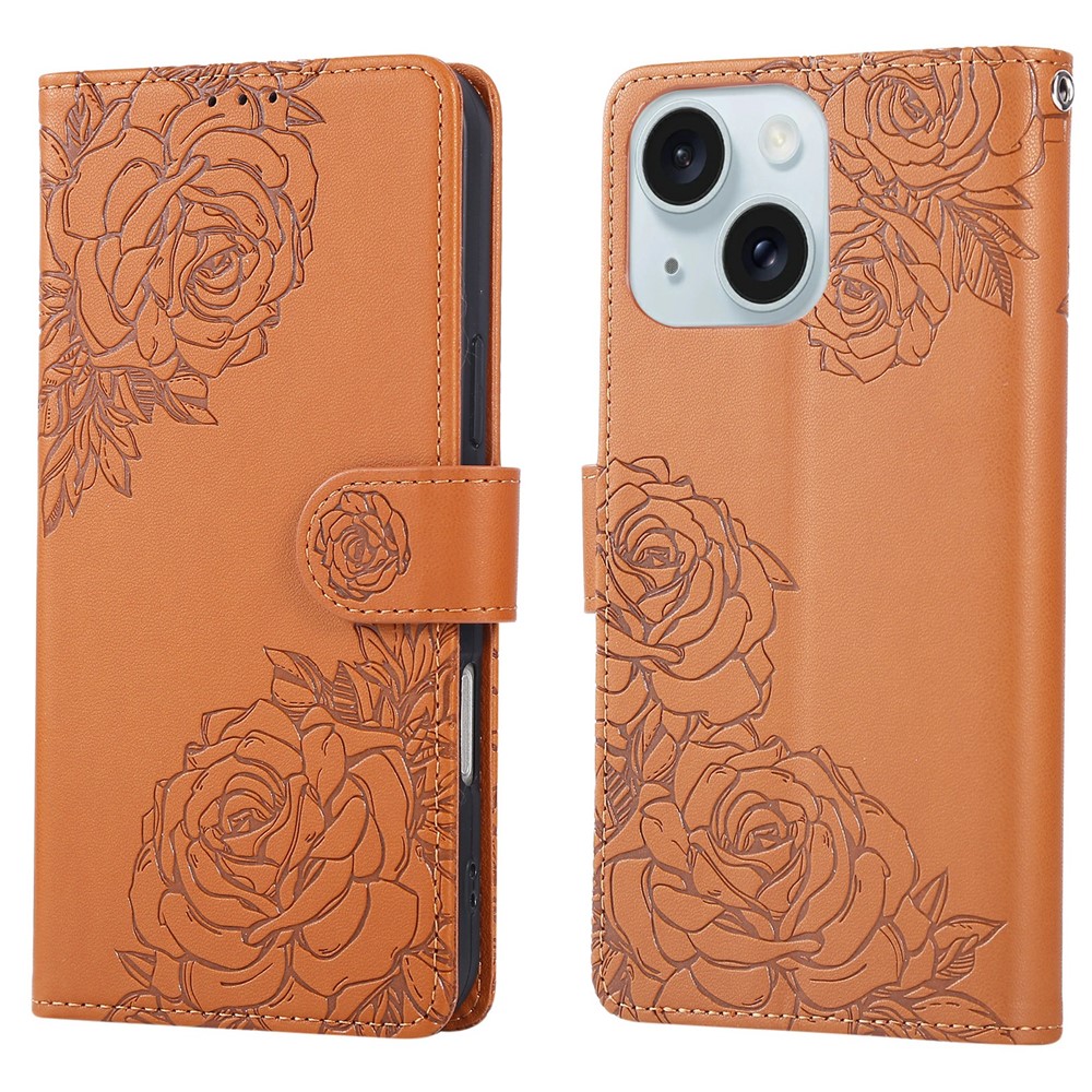 For iPhone 15 Plus / 14 Plus Case Rose Flower PU Leather Wallet Phone Cover with 3 Card Slots - Brown