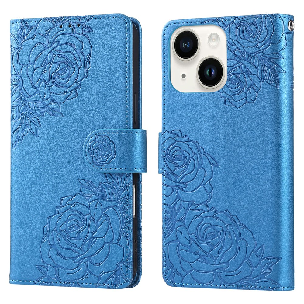 For iPhone 14 / 13 Case Rose Flower PU Leather Wallet Phone Cover with 3 Card Slots - Blue