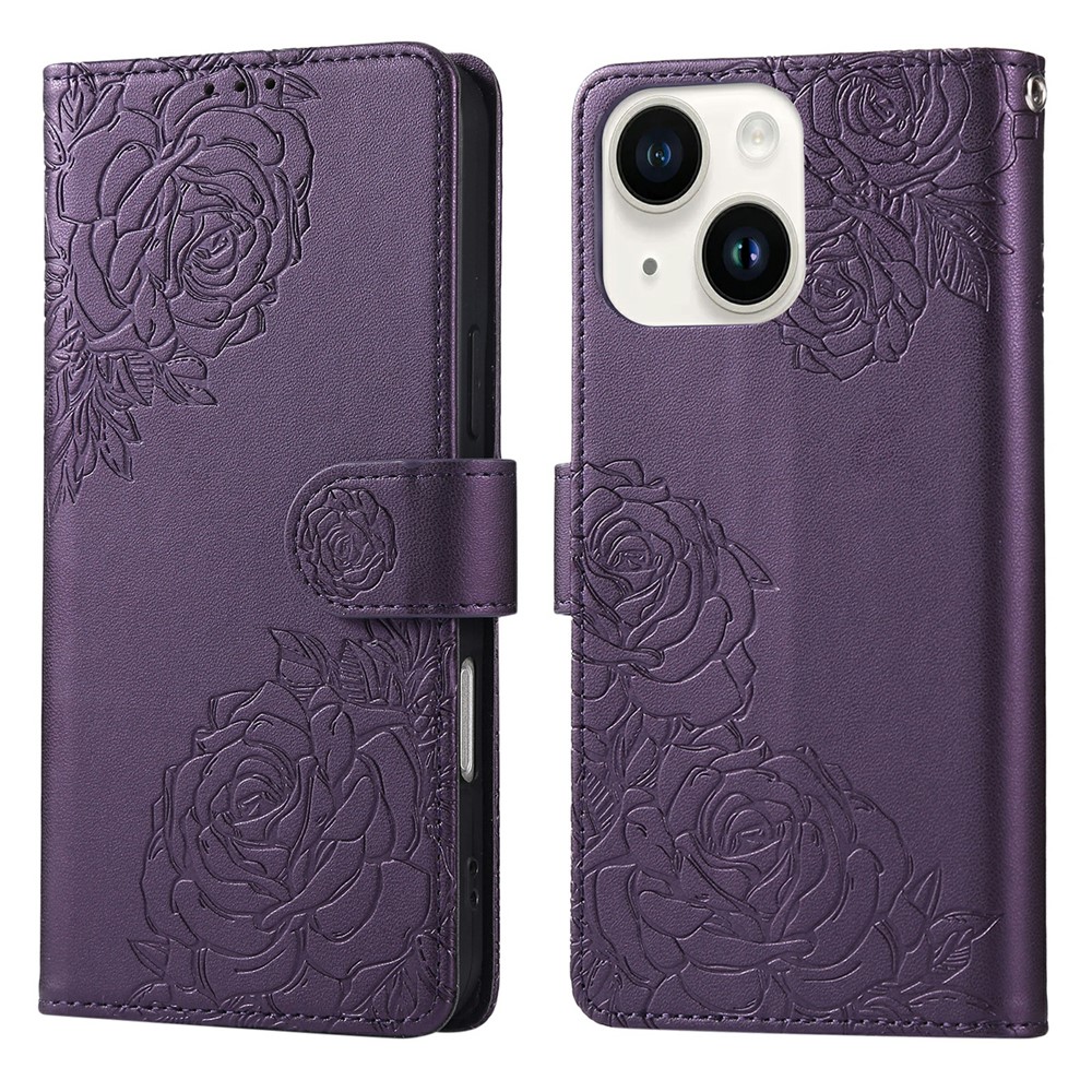 For iPhone 14 / 13 Case Rose Flower PU Leather Wallet Phone Cover with 3 Card Slots - Dark Purple