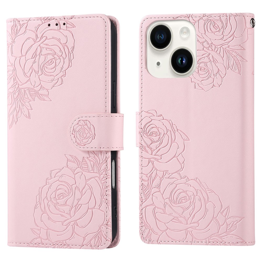 For iPhone 14 / 13 Case Rose Flower PU Leather Wallet Phone Cover with 3 Card Slots - Rose Gold