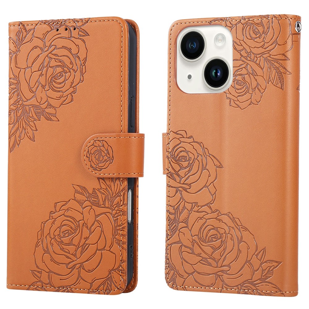 For iPhone 14 / 13 Case Rose Flower PU Leather Wallet Phone Cover with 3 Card Slots - Brown