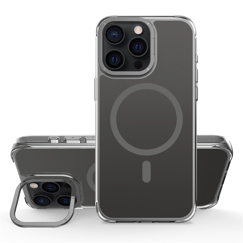 For iPhone 15 Pro Max Magnetic Case Shockproof TPU + PC Phone Back Cover with Metal Lens Kickstand - Black