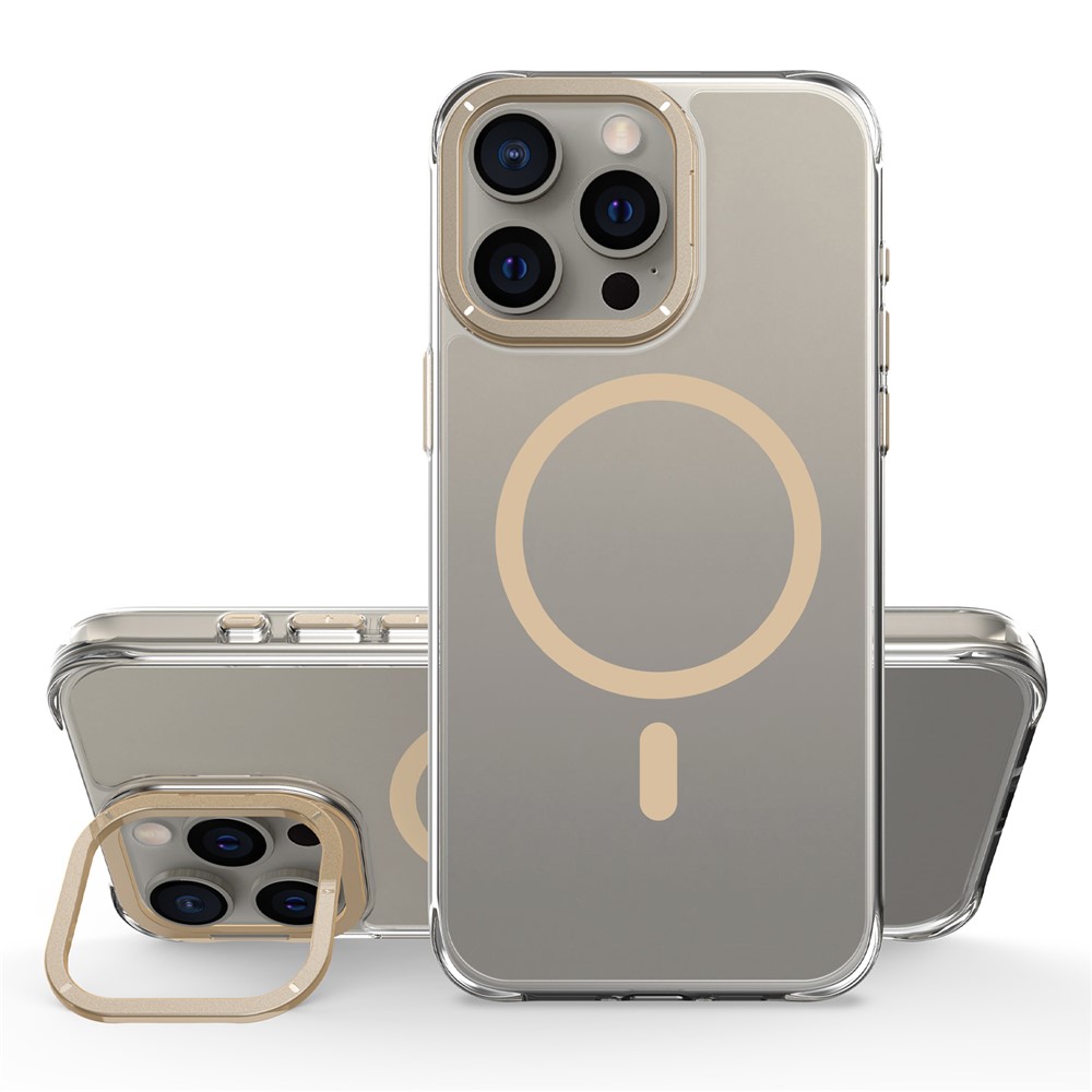 For iPhone 15 Pro Max Magnetic Case Shockproof TPU + PC Phone Back Cover with Metal Lens Kickstand - Gold