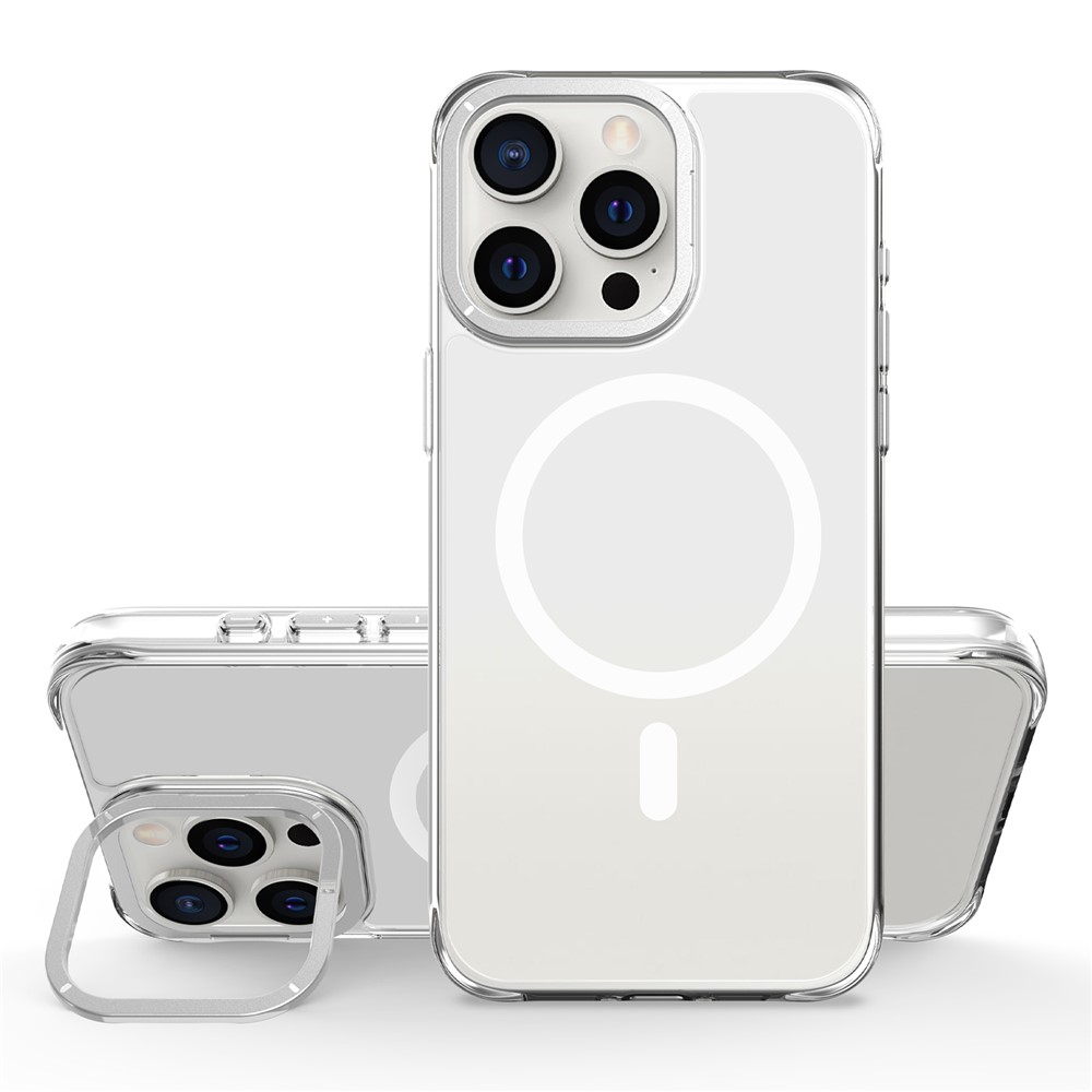 For iPhone 15 Pro Max Magnetic Case Shockproof TPU + PC Phone Back Cover with Metal Lens Kickstand - Silver