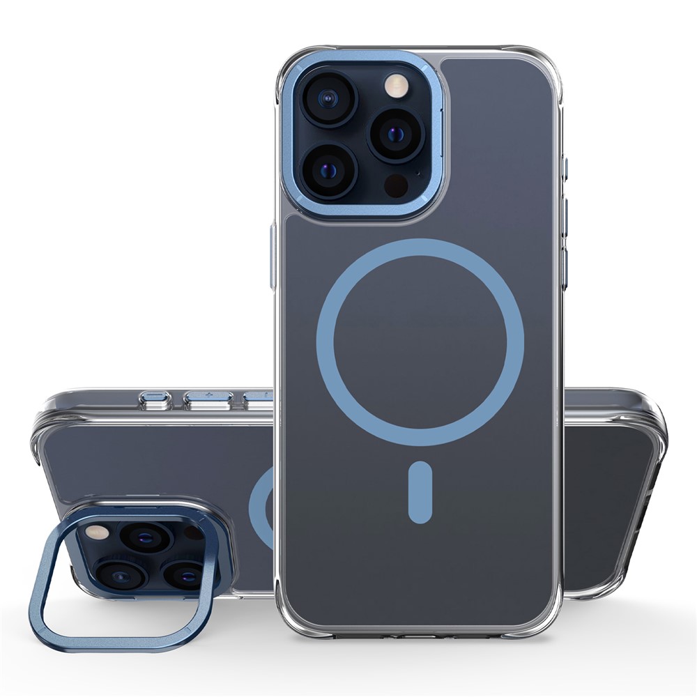 For iPhone 15 Pro Magnetic Case Shockproof TPU + PC Phone Back Cover with Metal Lens Kickstand - Blue