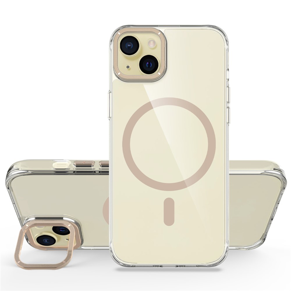For iPhone 15 Magnetic Case Shockproof TPU + PC Phone Back Cover with Metal Lens Kickstand - Gold