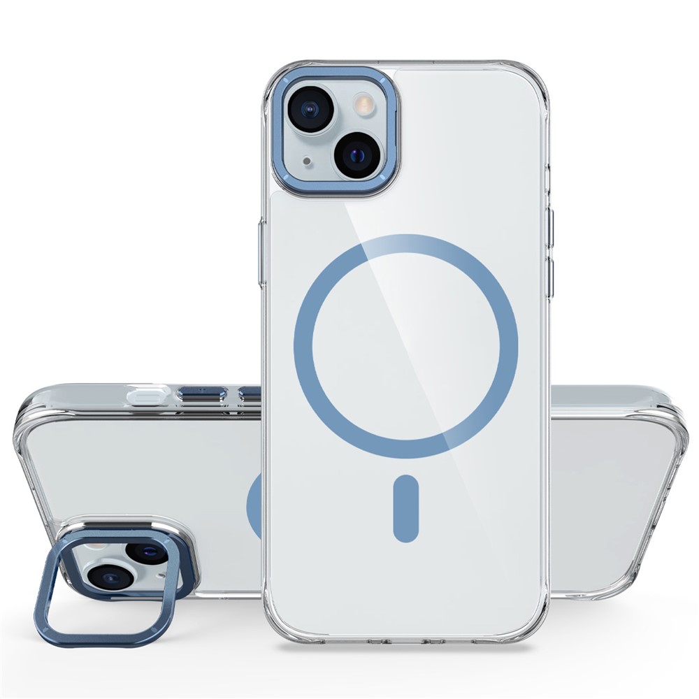 For iPhone 14 Magnetic Case Shockproof TPU + PC Phone Back Cover with Metal Lens Kickstand - Blue
