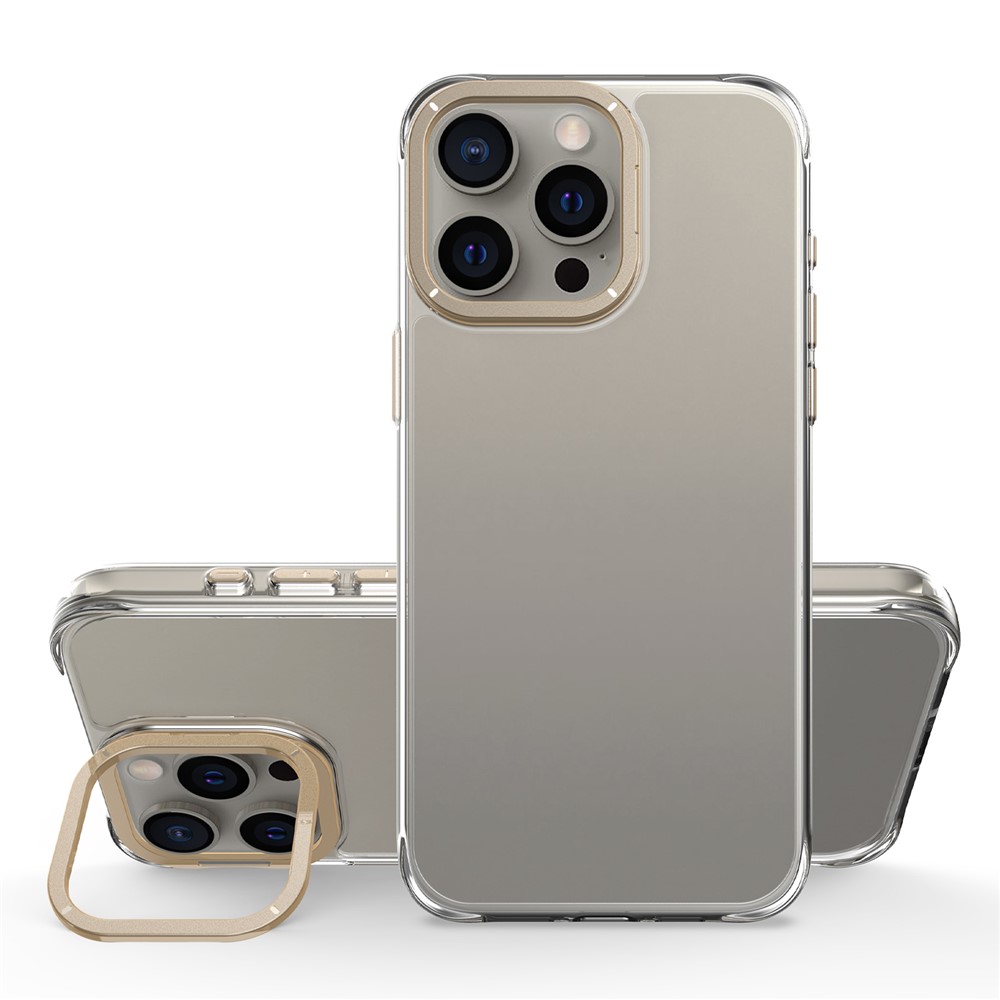 For iPhone 15 Pro Max Case Shockproof TPU + PC Phone Back Cover with Metal Lens Kickstand - Gold