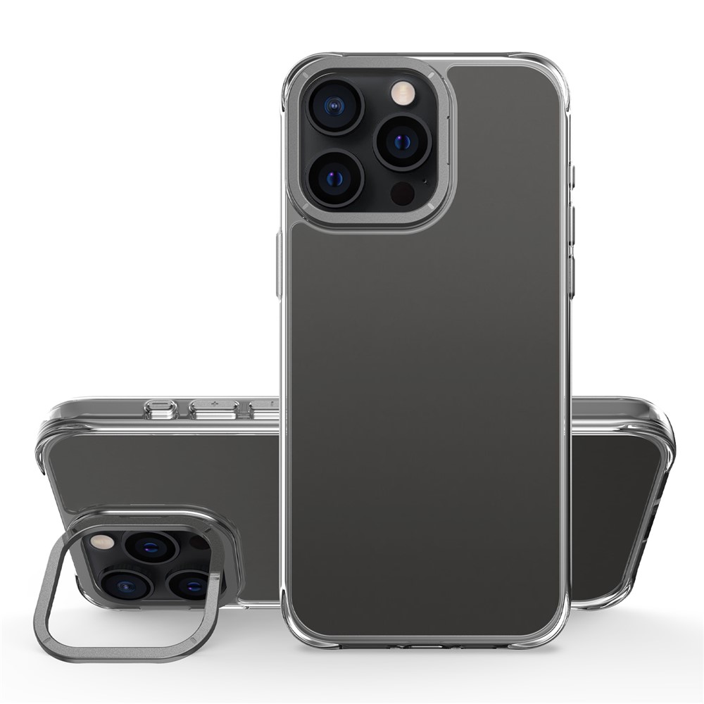 For iPhone 15 Pro Case Shockproof TPU + PC Phone Back Cover with Metal Lens Kickstand - Black