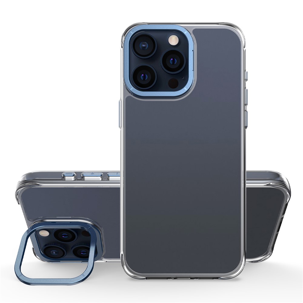 For iPhone 15 Pro Case Shockproof TPU + PC Phone Back Cover with Metal Lens Kickstand - Blue