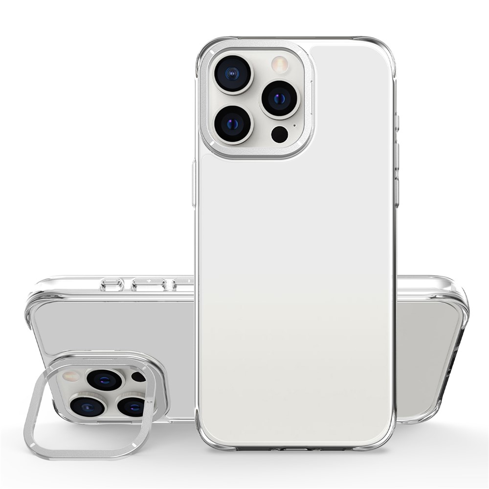 For iPhone 15 Pro Case Shockproof TPU + PC Phone Back Cover with Metal Lens Kickstand - Silver