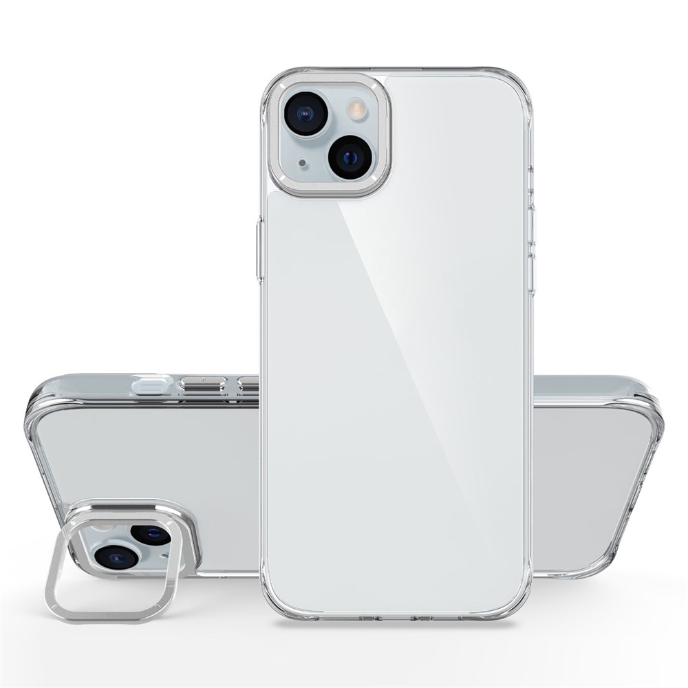For iPhone 15 Case Shockproof TPU + PC Phone Back Cover with Metal Lens Kickstand - Silver