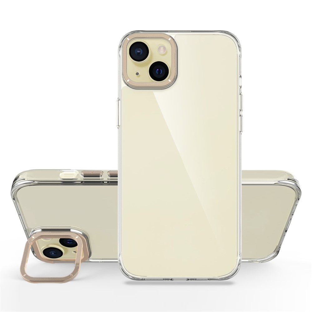 For iPhone 14 Case Shockproof TPU + PC Phone Back Cover with Metal Lens Kickstand - Gold