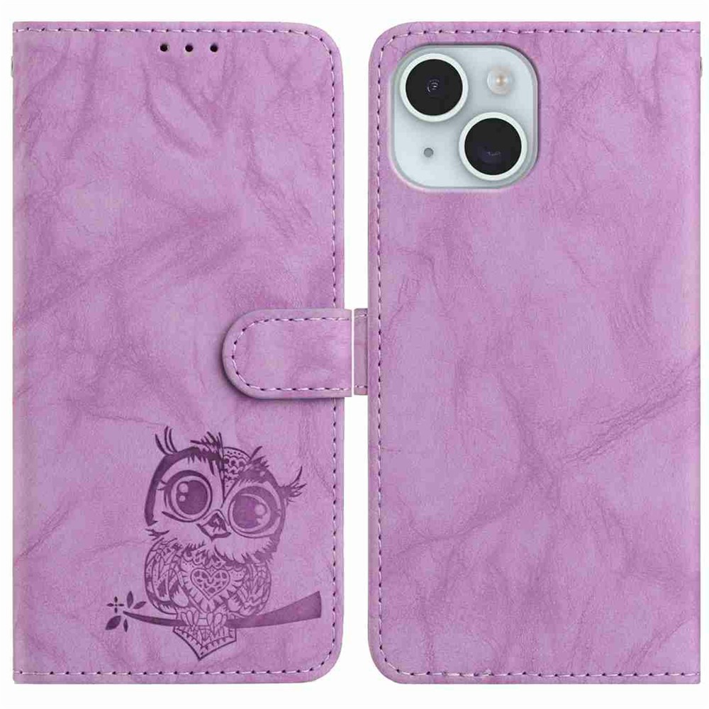 For iPhone 15 Case Owl Imprinted PU Leather Wallet Phone Cover with Wrist Strap - Purple