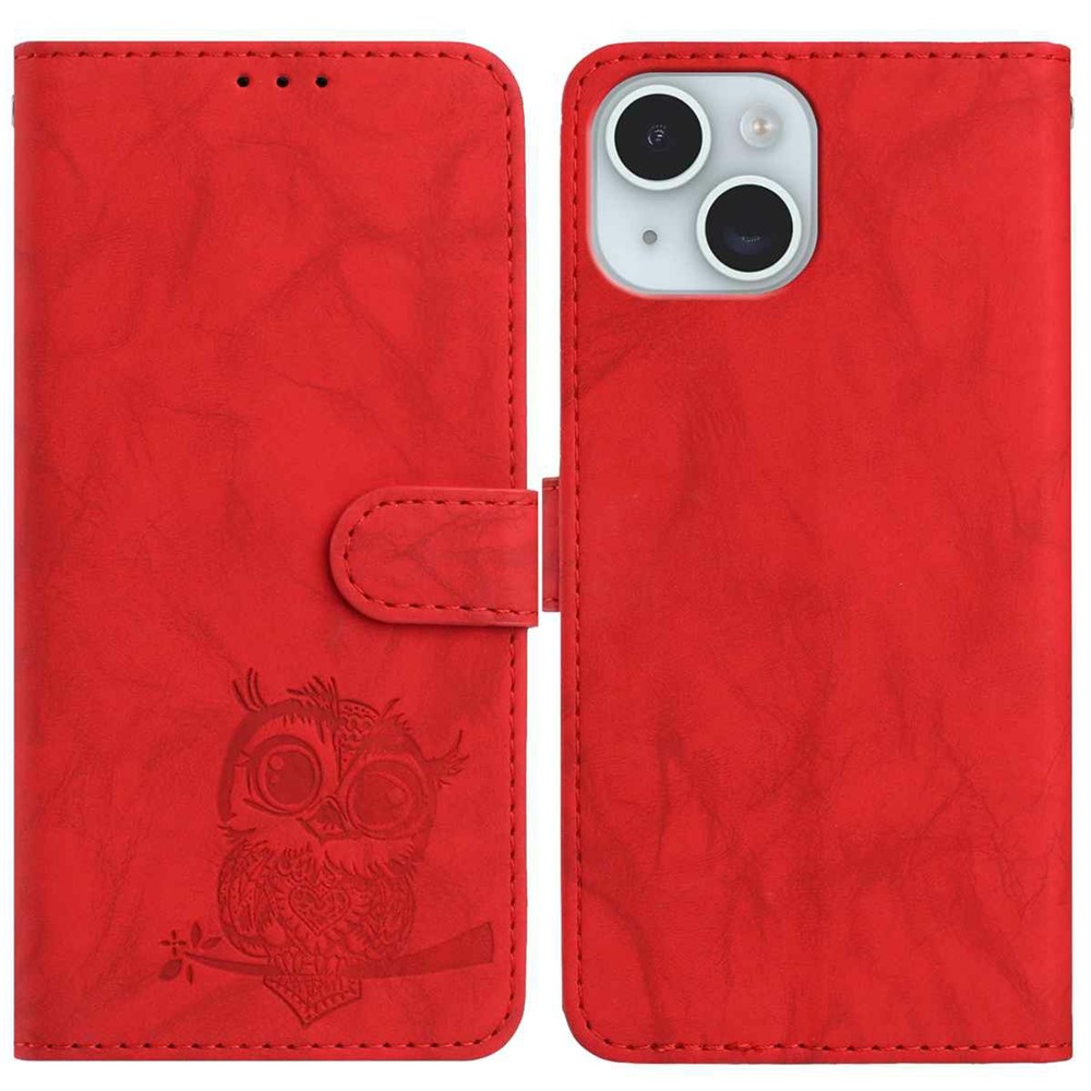 For iPhone 15 Case Owl Imprinted PU Leather Wallet Phone Cover with Wrist Strap - Red