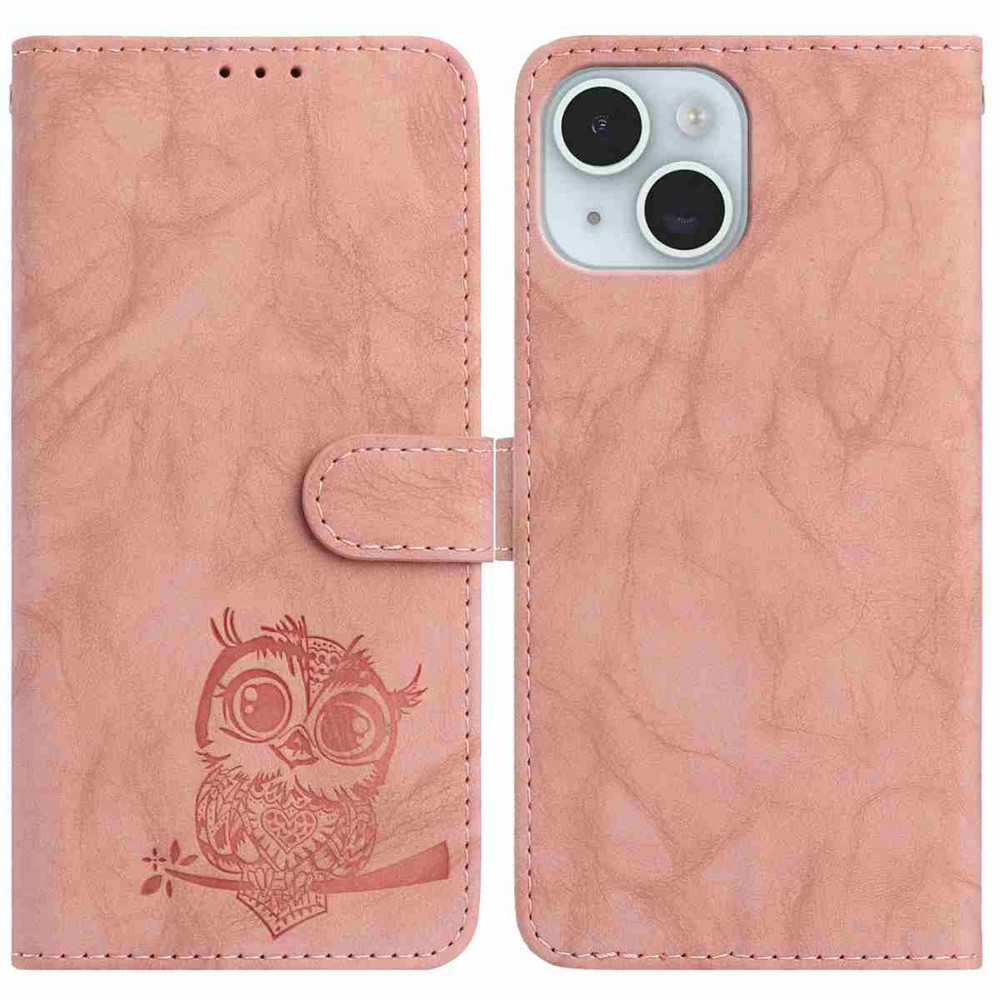 For iPhone 15 Case Owl Imprinted PU Leather Wallet Phone Cover with Wrist Strap - Pink