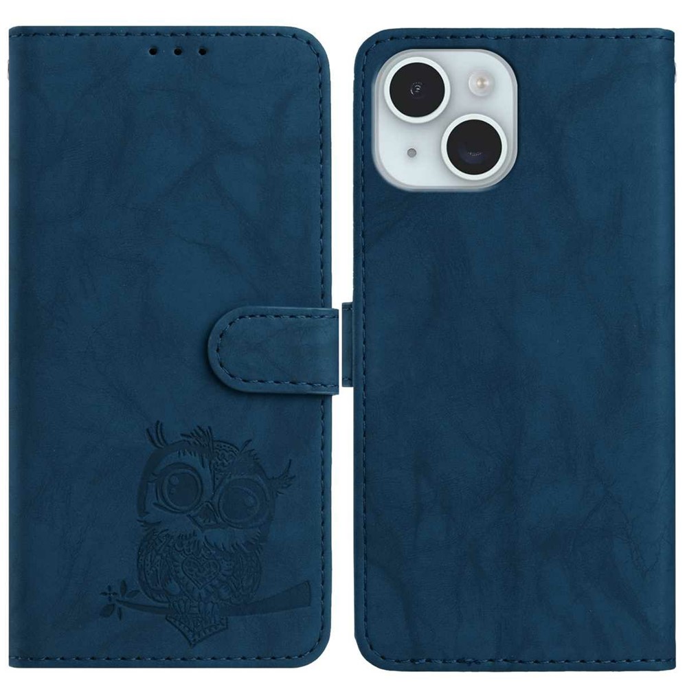 For iPhone 15 Case Owl Imprinted PU Leather Wallet Phone Cover with Wrist Strap - Blue