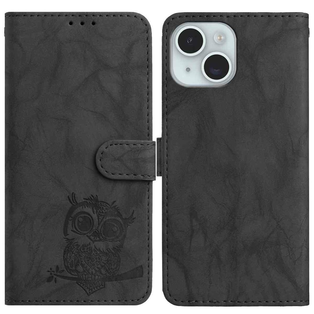 For iPhone 15 Case Owl Imprinted PU Leather Wallet Phone Cover with Wrist Strap - Black