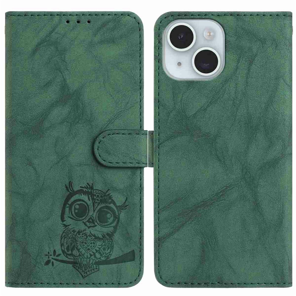 For iPhone 15 Case Owl Imprinted PU Leather Wallet Phone Cover with Wrist Strap - Green