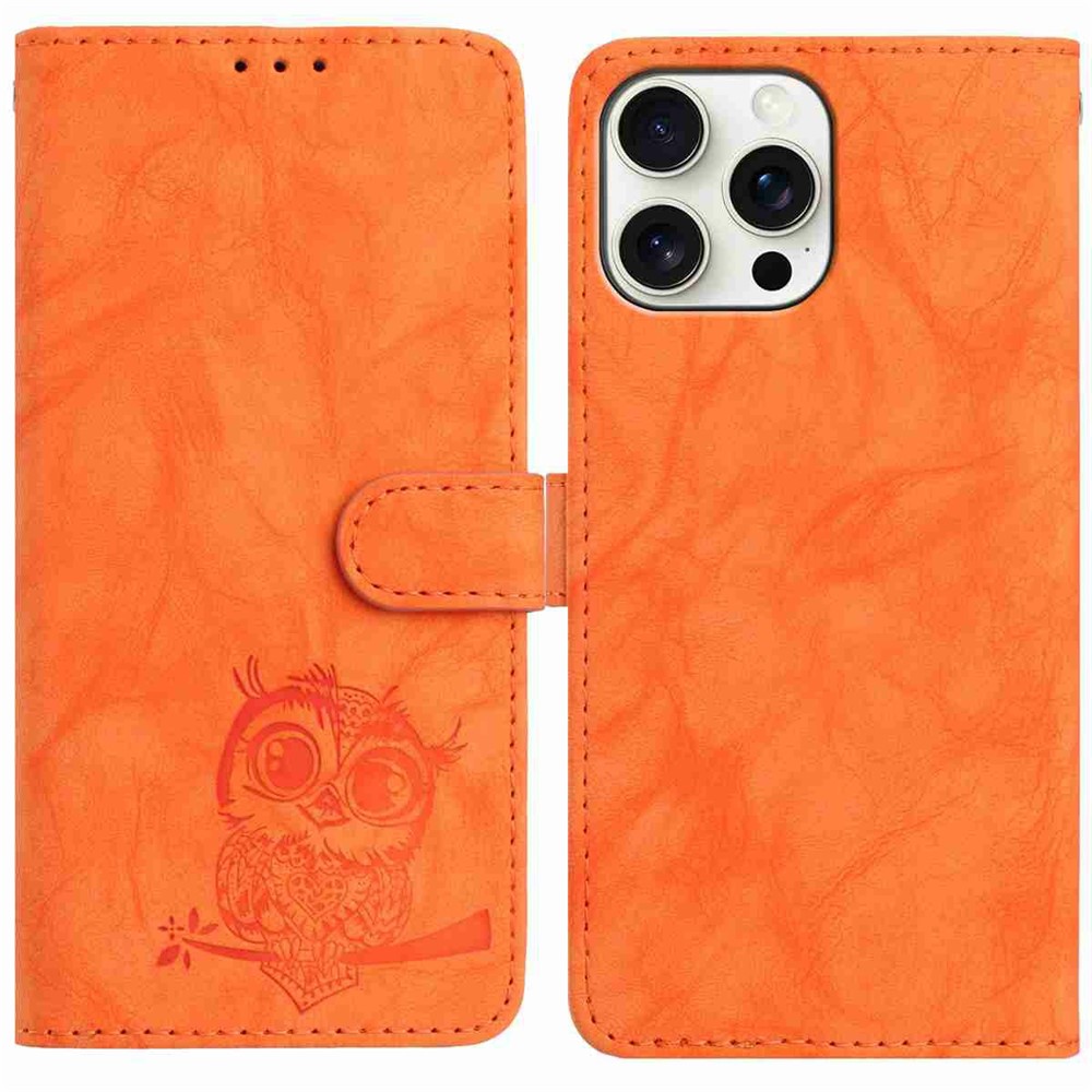 For iPhone 15 Pro Case Owl Imprinted PU Leather Wallet Phone Cover with Wrist Strap - Orange