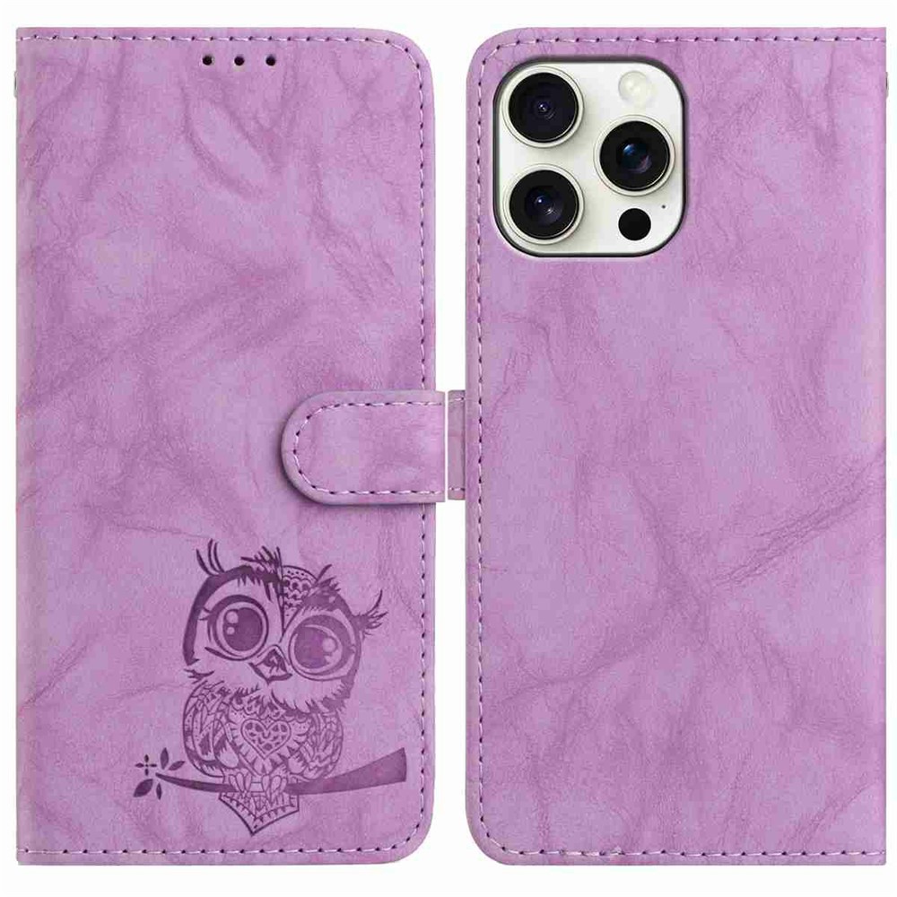For iPhone 15 Pro Case Owl Imprinted PU Leather Wallet Phone Cover with Wrist Strap - Purple