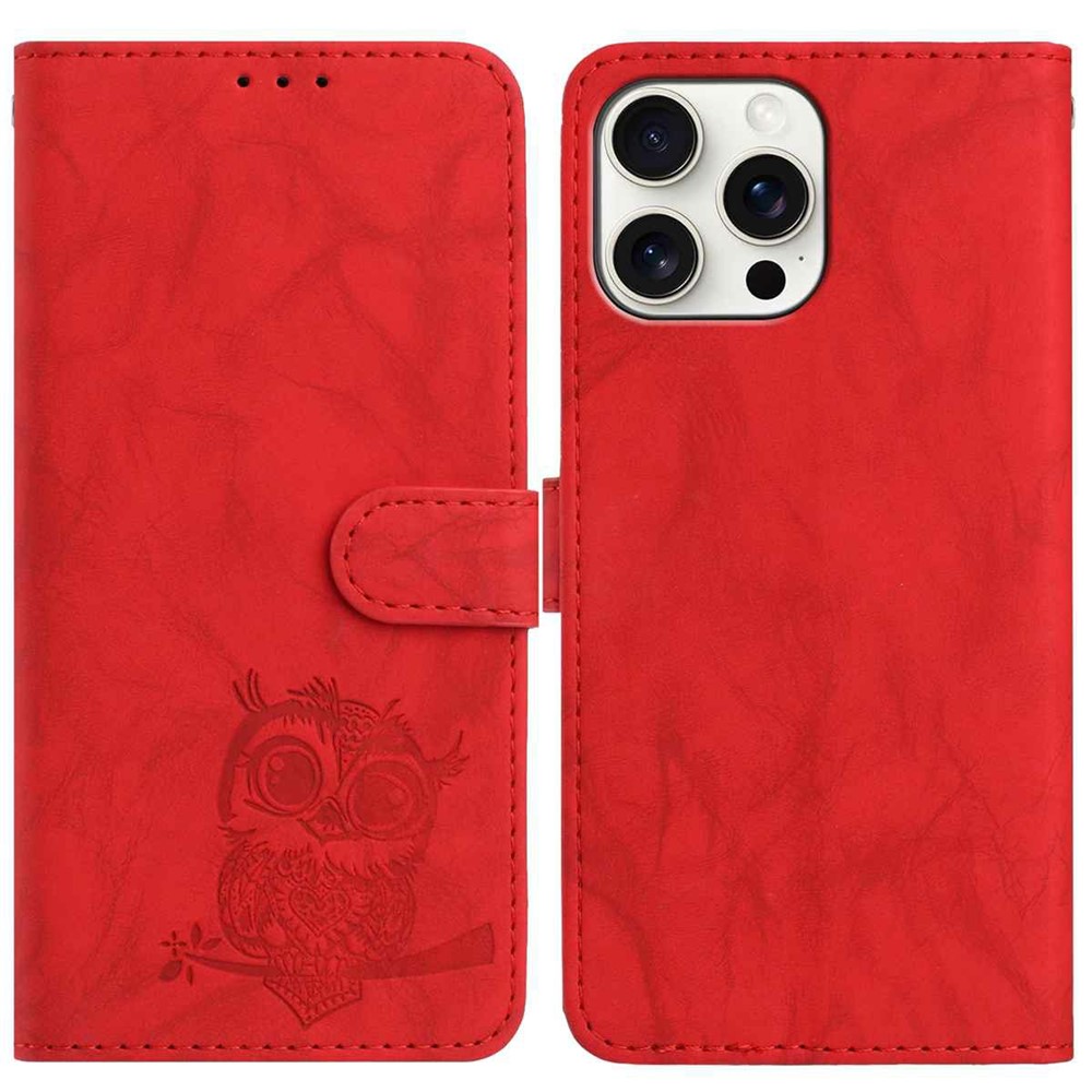For iPhone 15 Pro Case Owl Imprinted PU Leather Wallet Phone Cover with Wrist Strap - Red