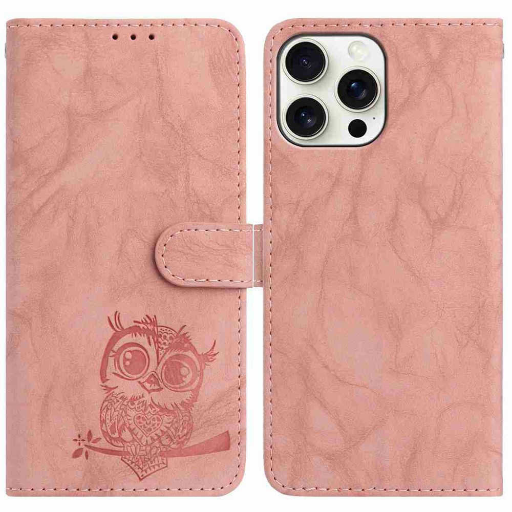 For iPhone 15 Pro Case Owl Imprinted PU Leather Wallet Phone Cover with Wrist Strap - Pink