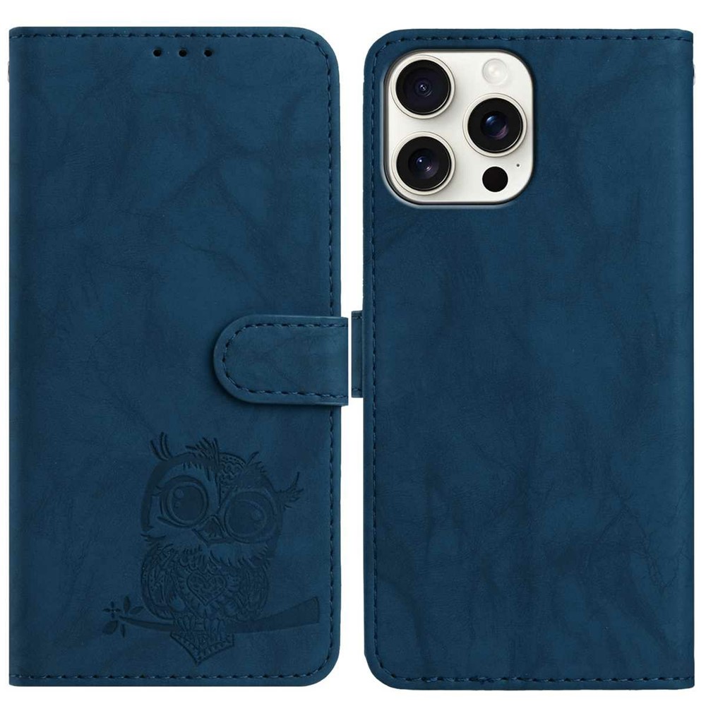 For iPhone 15 Pro Case Owl Imprinted PU Leather Wallet Phone Cover with Wrist Strap - Blue