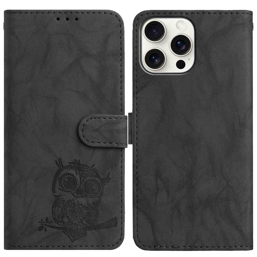 For iPhone 15 Pro Case Owl Imprinted PU Leather Wallet Phone Cover with Wrist Strap - Black