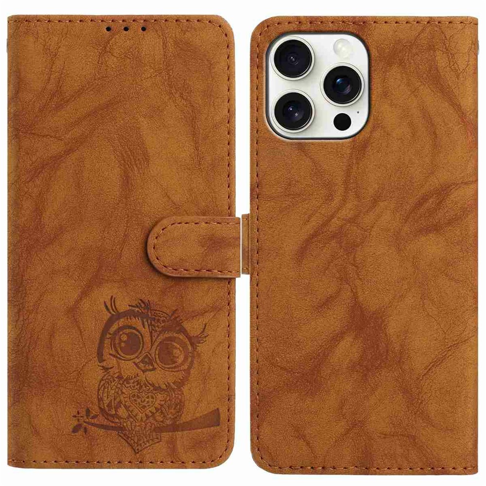 For iPhone 15 Pro Max Case Owl Imprinted PU Leather Wallet Phone Cover with Wrist Strap - Brown