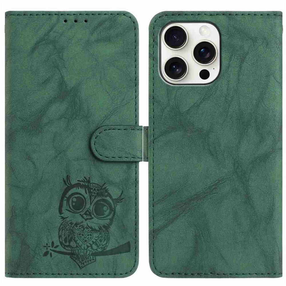 For iPhone 15 Pro Max Case Owl Imprinted PU Leather Wallet Phone Cover with Wrist Strap - Green