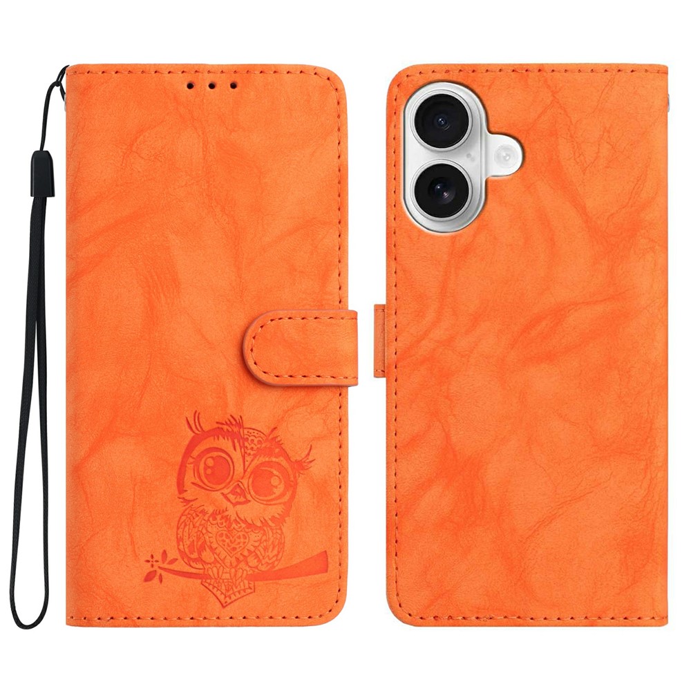 For iPhone 16 Plus Case Owl Imprinted PU Leather Wallet Phone Cover with Wrist Strap - Orange