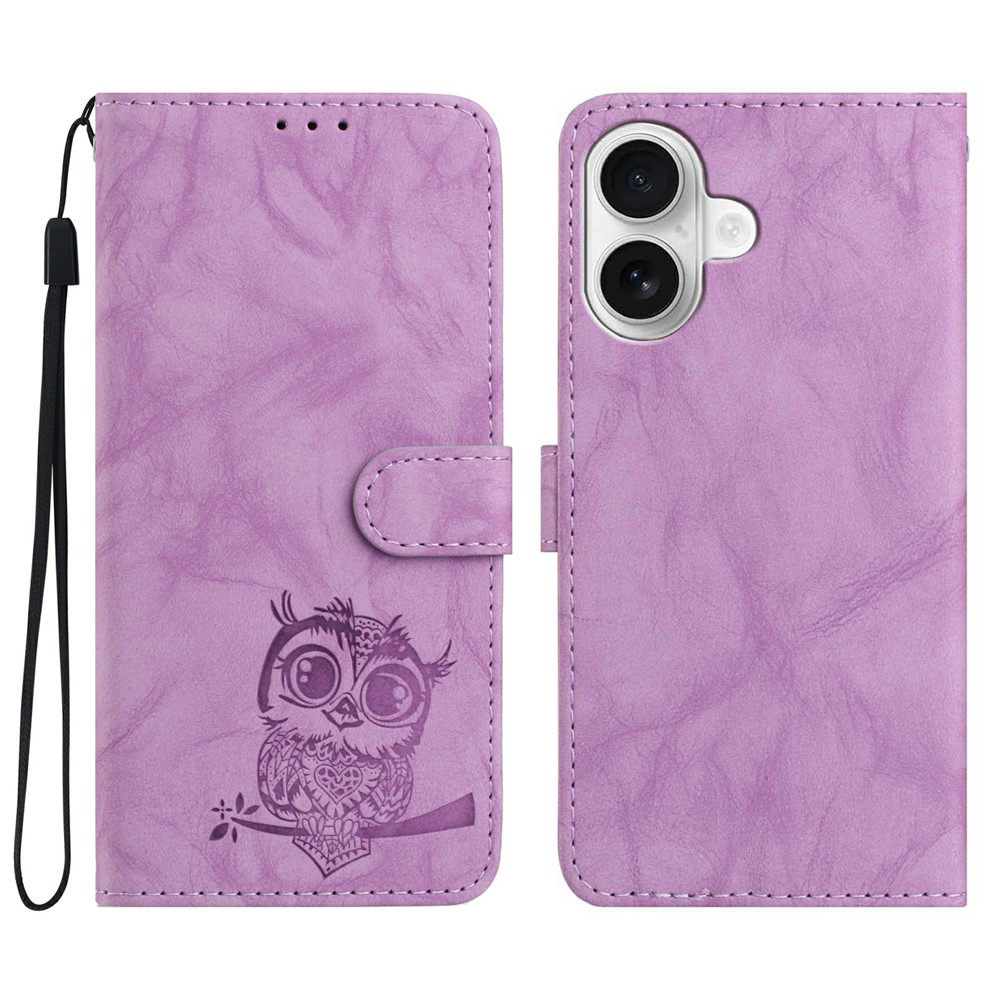 For iPhone 16 Plus Case Owl Imprinted PU Leather Wallet Phone Cover with Wrist Strap - Purple